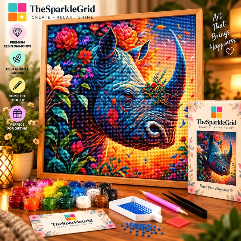 Rhino in Floral Sunset 5D Diamond Painting Kit | Animal Portrait Diamond Art for Adults