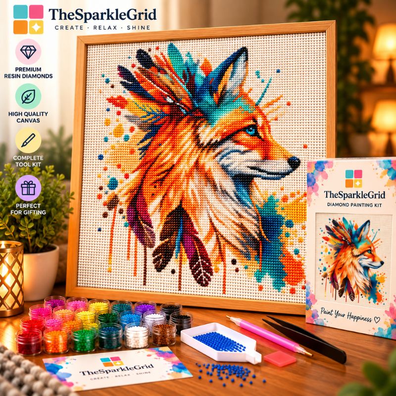 Fox with Feather Headdress 5D Diamond Painting Kit | Animal Diamond Art for Adults