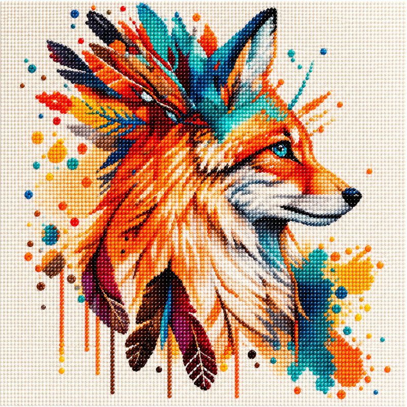 A colorful cross-stitch style fox portrait with feathers and paint splashes on a cream fabric background.