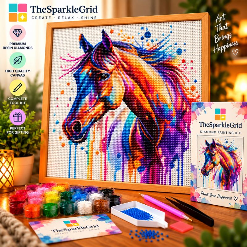 Watercolour Horse Portrait 5D Diamond Painting Kit | Abstract Animal Diamond Art for Adults