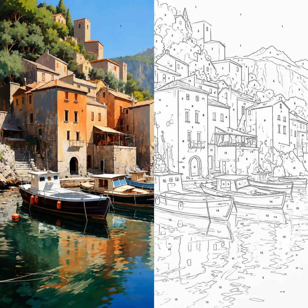 Mediterranean Harbour Village with Boats Paint by Numbers Kit | Coastal Landscape Paint by Numbers for Adults