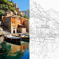 Mediterranean Harbour Village with Boats Paint by Numbers Kit | Coastal Landscape Paint by Numbers for Adults
