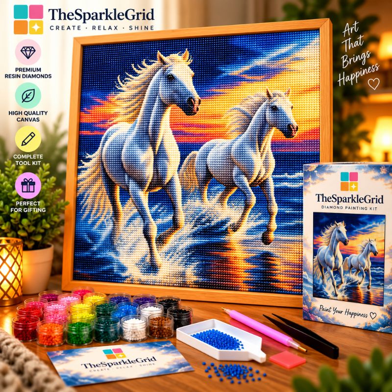 White Horses on the Beach 5D Diamond Painting Kit | Animal Diamond Art for Adults