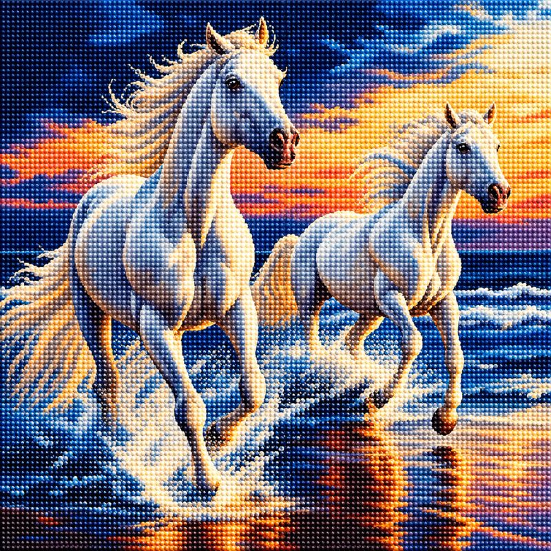 A pixelated canvas or diamond painting style artwork showing two white horses galloping through shallow water at sunset, with blue, orange, and yellow tones across the sky and reflections.