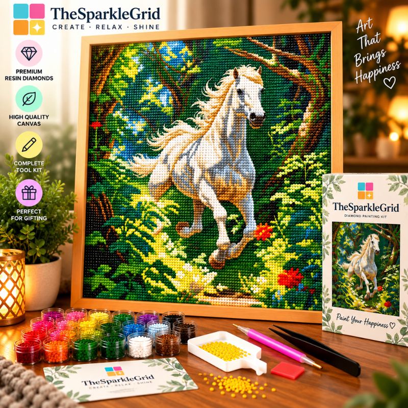 White Horse in Forest 5D Diamond Painting Kit | Animal Diamond Art for Adults