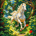 A needlepoint or cross-stitch style artwork depicting a white horse galloping through a lush green forest with yellow flowers and red blossoms.