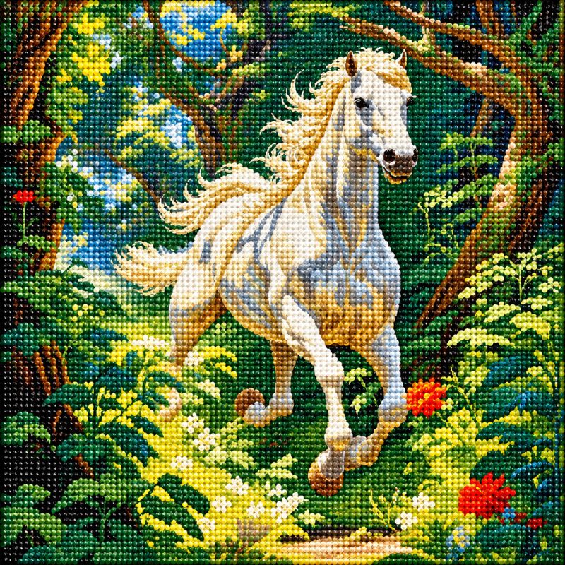 A needlepoint or cross-stitch style artwork depicting a white horse galloping through a lush green forest with yellow flowers and red blossoms.