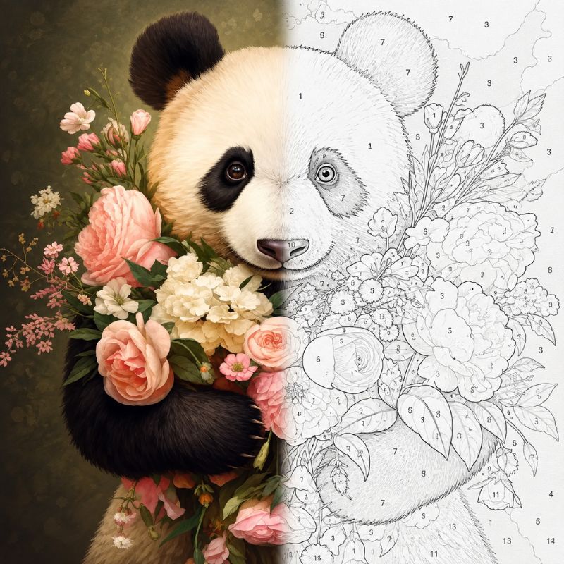 Panda with Pink Peonies Paint by Numbers Kit | Animal Portrait Art for Adults