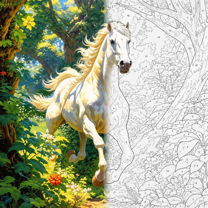 White Horse in Forest Paint by Numbers Kit | Animal Art for Adults