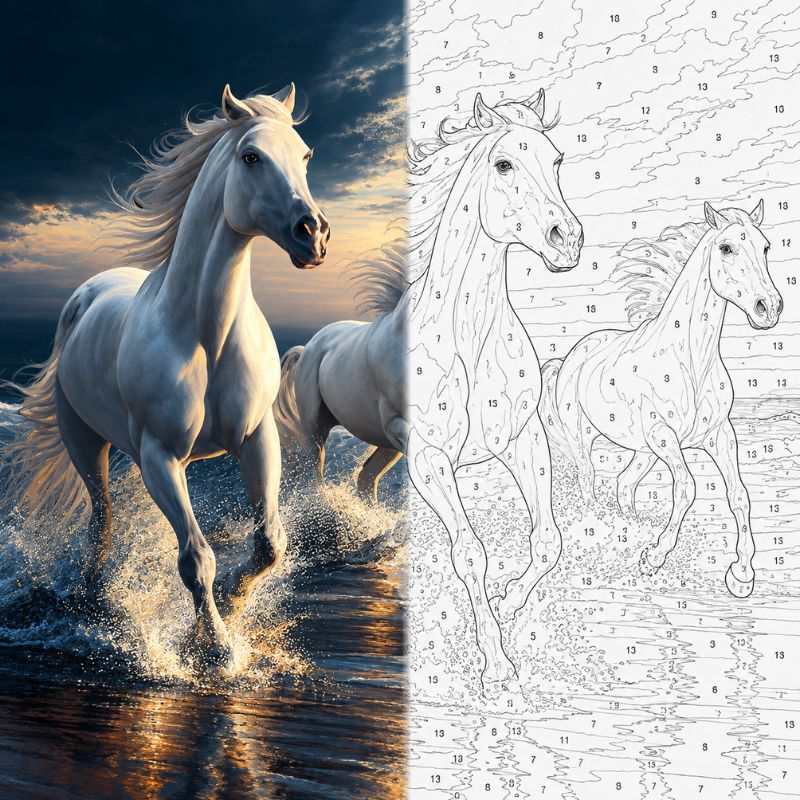 White Horses on the Beach Paint by Numbers Kit | Animal Art for Adults