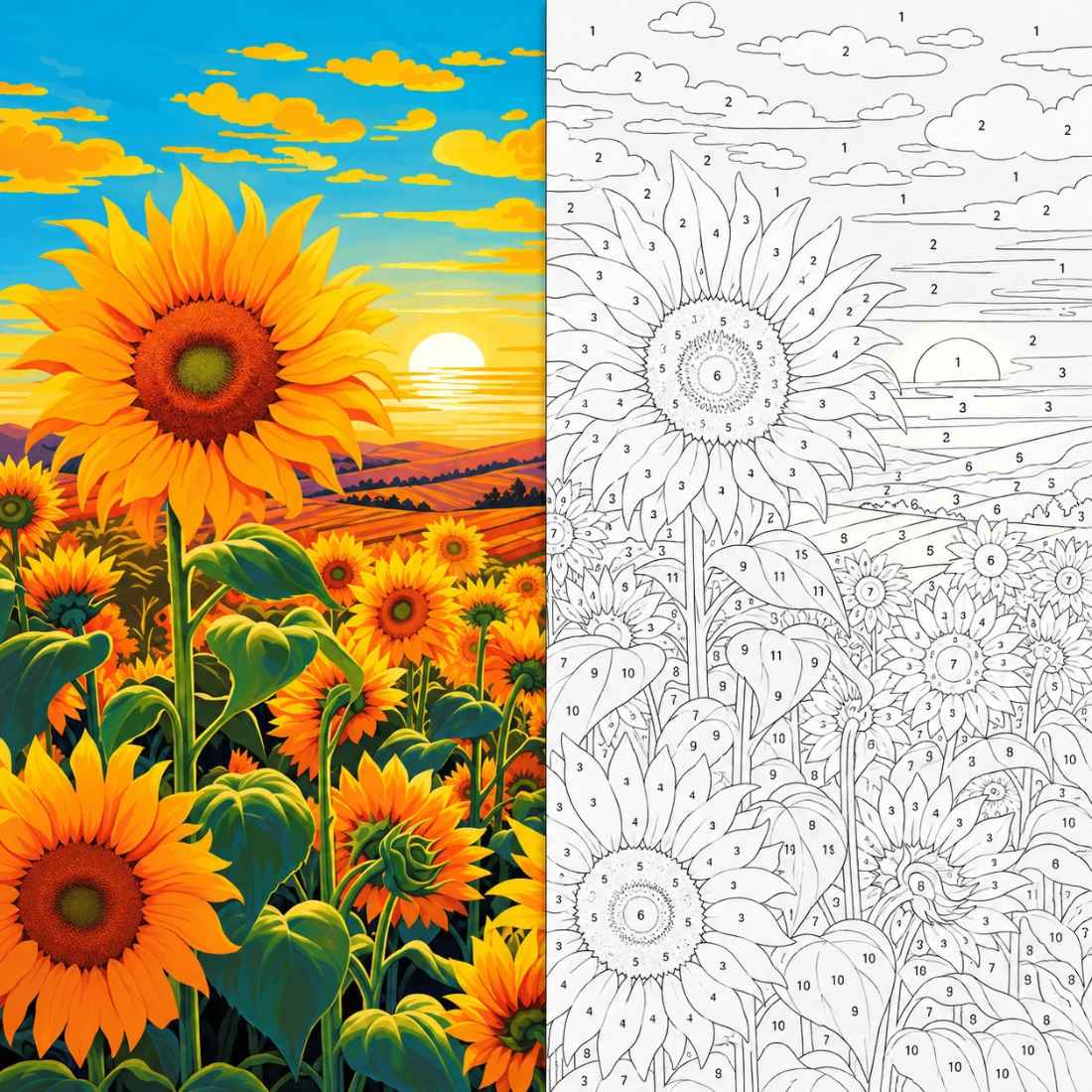 Sunflower Field Sunset Paint by Numbers Kit | Floral Landscape Paint by Numbers for Adults