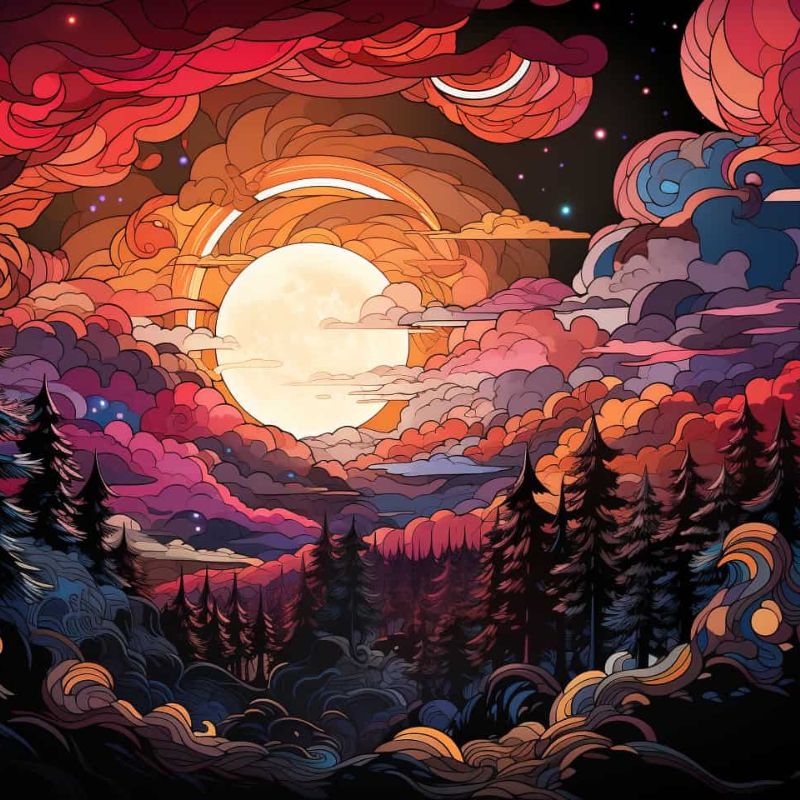 A stylized illustrated landscape scene with a large glowing moon or sun behind dramatic clouds, above a dark forest and rolling waves. The artwork uses bold warm and cool colors including red, orange, pink, purple, blue, and black.
