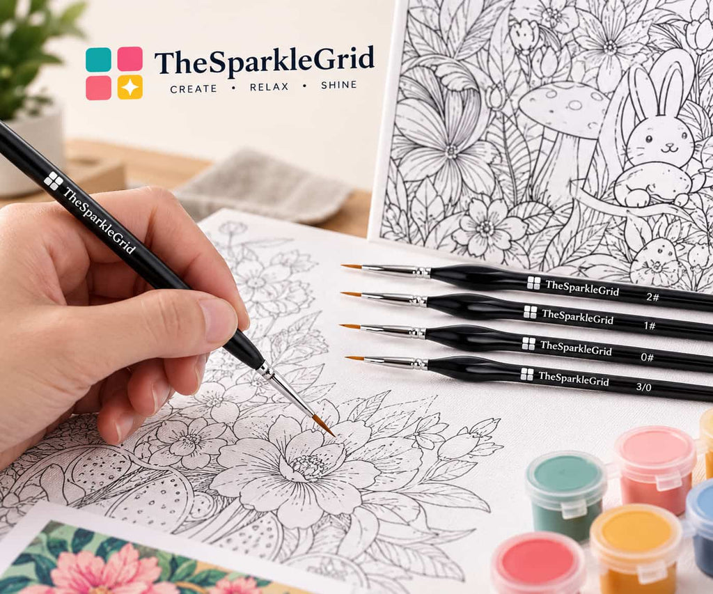 A hand holds a black TheSparkleGrid paintbrush while coloring a floral line drawing on white paper. Several other TheSparkleGrid paintbrushes, small pots of colored paint, and a printed coloring page with a bunny and flowers are arranged on a tabletop.