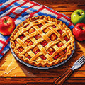 Diamond painting artwork featuring a golden lattice apple pie with red and green apples, a checkered cloth and fork, recreated with sparkling faceted resin diamonds.