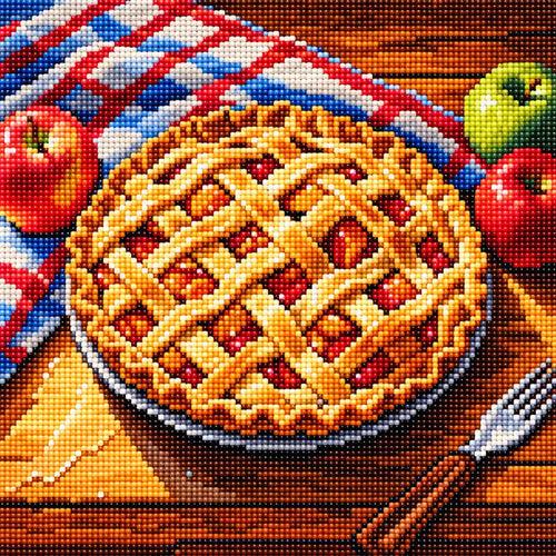 Diamond painting artwork featuring a golden lattice apple pie with red and green apples, a checkered cloth and fork, recreated with sparkling faceted resin diamonds.