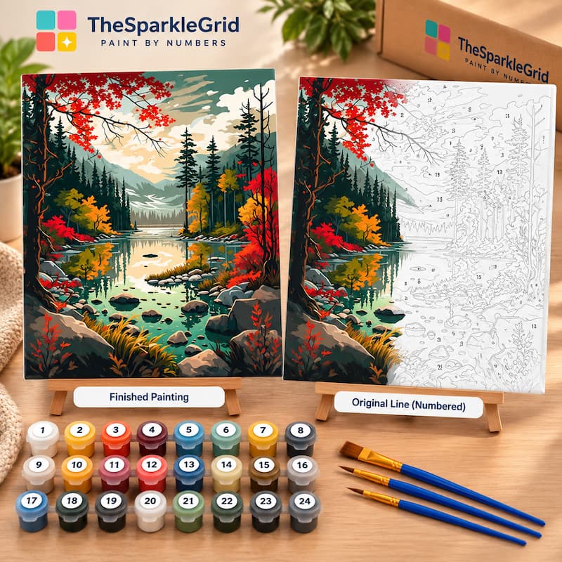 TheSparkleGrid paint by numbers kit featuring an autumn forest lake landscape, with a finished painting, numbered outline canvas, acrylic paint pots, and brushes.