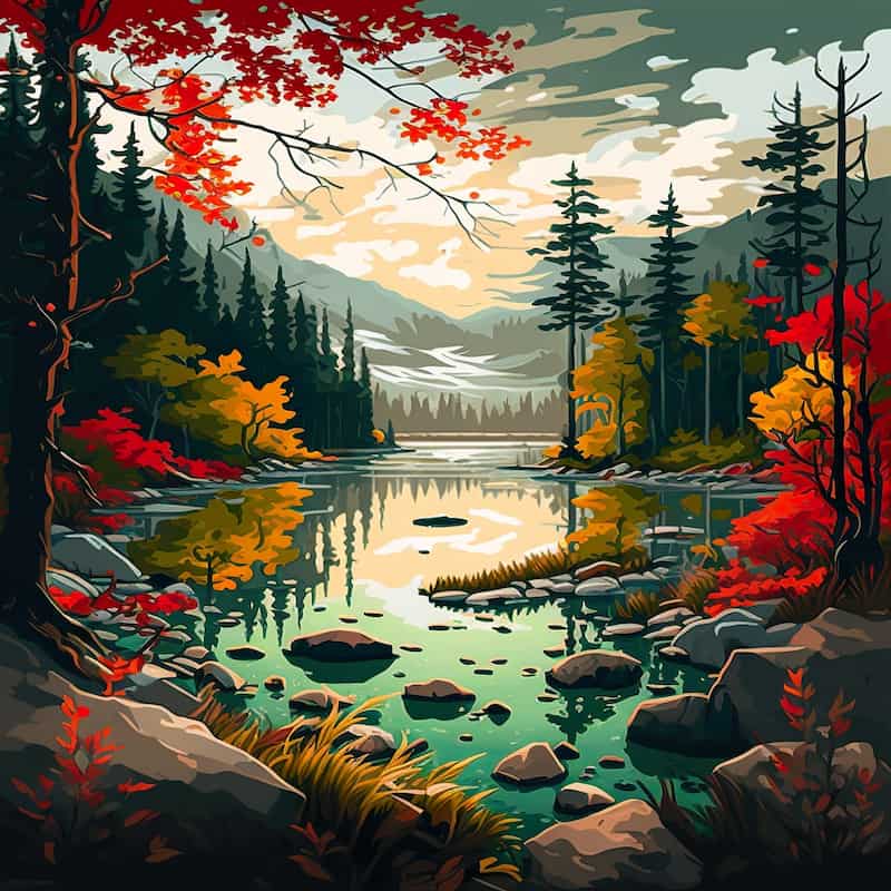 Autumn mountain lake landscape with evergreen forest, colorful red and orange trees, rocks, and calm water reflections, paint by numbers artwork