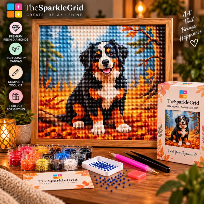 TheSparkleGrid diamond painting kit featuring a Bernese Mountain Dog portrait in a wooden frame, displayed on a wooden table with its packaging box, beads, tools, and decorative elements.
