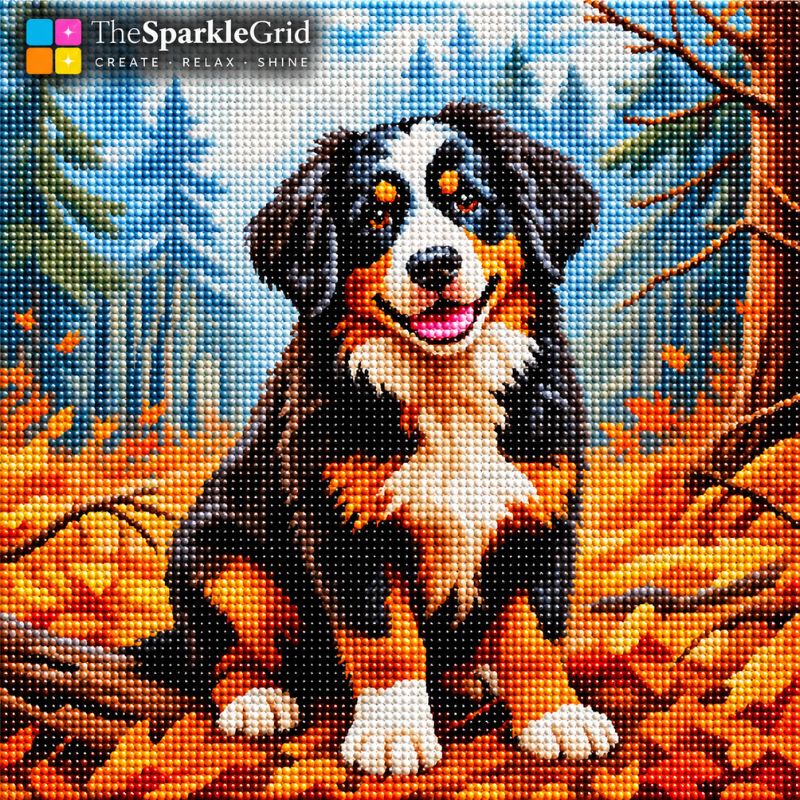 A diamond painting or cross-stitch style artwork showing a Bernese mountain dog sitting in an autumn forest with orange leaves, blue trees, and brown branches. The SparkleGrid logo appears in the top-left corner.