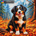 A diamond painting or cross-stitch style artwork showing a Bernese mountain dog sitting in an autumn forest with orange leaves, blue trees, and brown branches. The SparkleGrid logo appears in the top-left corner.
