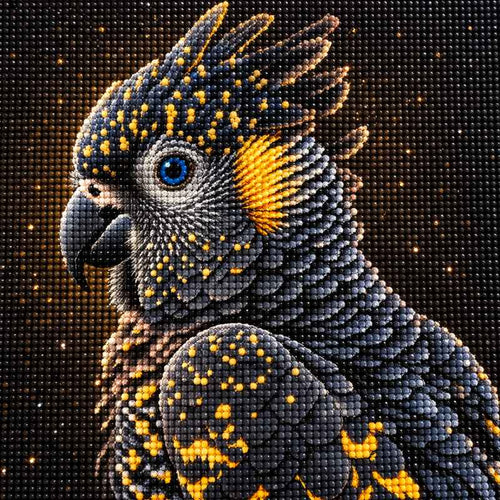 Black and gold cockatoo diamond painting design with detailed layered feathers, bright blue eye, and golden accents on a dark background.