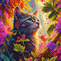 Full diamond painting of a blue-eyed cat surrounded by colorful flowers, autumn foliage, and glowing highlights, created with sparkling resin diamonds.
