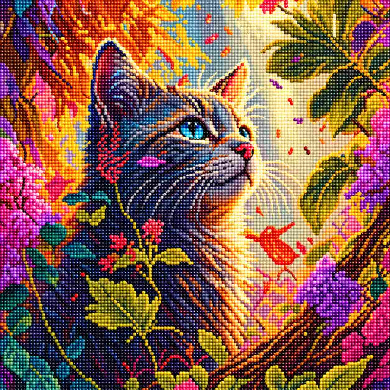 Full diamond painting of a blue-eyed cat surrounded by colorful flowers, autumn foliage, and glowing highlights, created with sparkling resin diamonds.