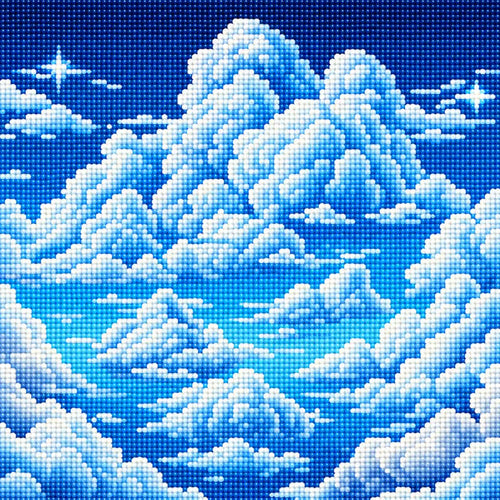 Sparkling diamond painting artwork featuring soft white and pale blue clouds floating across a vivid blue sky, created with faceted resin diamonds.