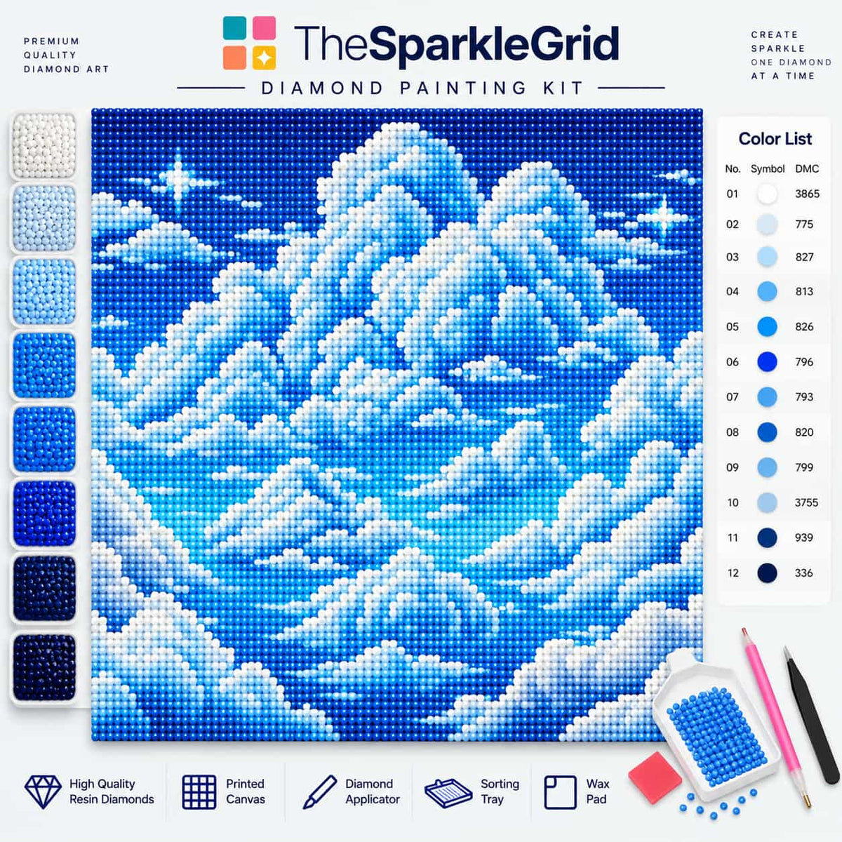 The SparkleGrid Diamond Painting Kit featuring a completed blue mountain landscape design on a canvas, with a color list, diamond painting resin stones, a diamond applicator, wax tray, and drawing pins shown on a white background.