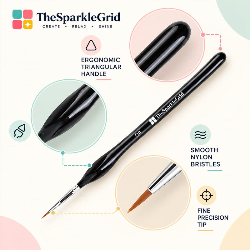 The SparkleGrid dual-ended microblade eyeliner pen on a light cream background with feature callouts and circular detail insets showing the ergonomic handle, smooth nylon bristles, and fine precision tip.