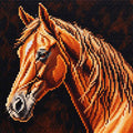 Sparkling diamond painting artwork featuring a detailed chestnut horse with a flowing mane, expressive eye and white facial markings, created with faceted resin diamonds against a dark background.