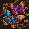 Colorful butterfly diamond painting featuring purple, blue, orange, and gold butterflies made with sparkling faceted resin diamonds on a dark background.