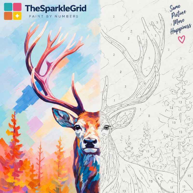 Custom deer paint by numbers artwork showing the original colorful deer image alongside a numbered paint by numbers canvas from TheSparkleGrid