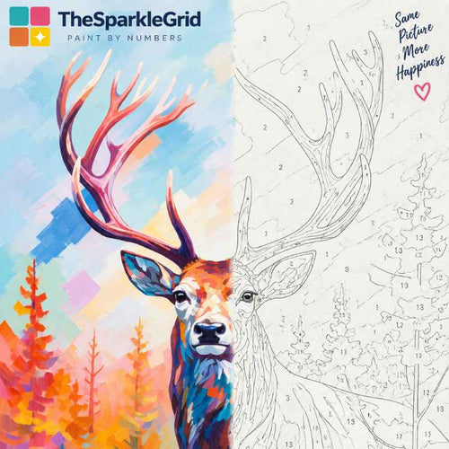 Custom deer paint by numbers artwork showing the original colorful deer image alongside a numbered paint by numbers canvas from TheSparkleGrid