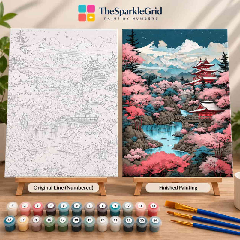 Japanese cherry blossom landscape with pagoda, mountains, waterfall and river shown as a detailed paint by numbers line art design