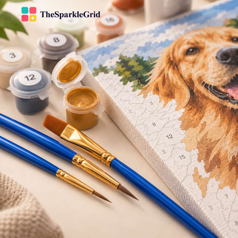 Close-up of a custom golden retriever paint by numbers canvas with numbered sections, acrylic paint pots and precision brushes by TheSparkleGrid