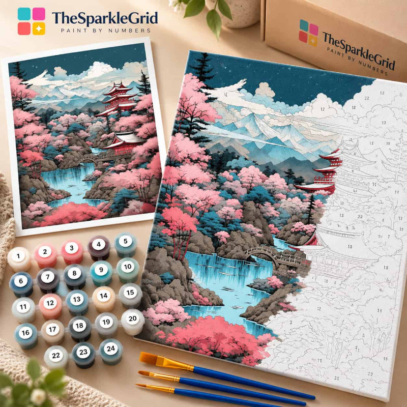 Custom paint by numbers kit featuring a Japanese cherry blossom landscape with pagoda, mountains, waterfall and peaceful river