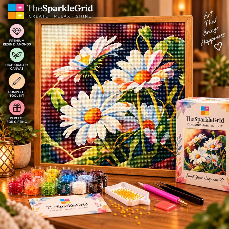 TheSparkleGrid daisy flower diamond painting kit displayed with a finished framed floral artwork, colorful resin diamond drills, sorting containers, diamond painting pen, tray, tweezers, wax, and branded packaging in a cozy creative workspace.