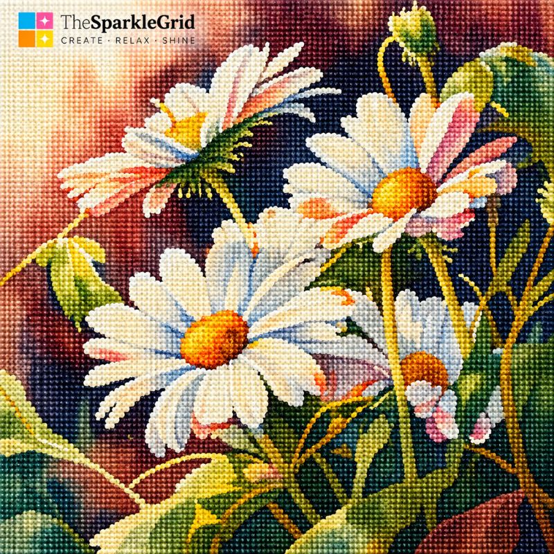 TheSparkleGrid daisy flower diamond painting featuring white daisies with golden-orange centers, green leaves, colorful resin diamonds, and a rich artistic background, created as sparkling diamond art.