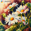 TheSparkleGrid daisy flower diamond painting featuring white daisies with golden-orange centers, green leaves, colorful resin diamonds, and a rich artistic background, created as sparkling diamond art.
