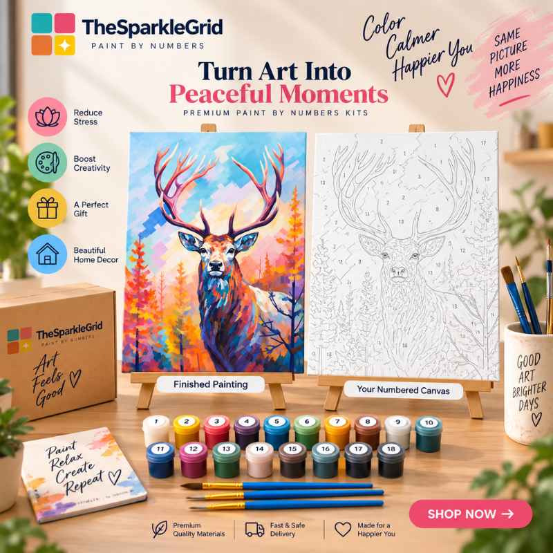 TheSparkleGrid deer paint by numbers kit promotional image with finished artwork, numbered canvas, paint pots, brushes, and branded packaging