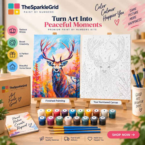 TheSparkleGrid deer paint by numbers kit promotional image with finished artwork, numbered canvas, paint pots, brushes, and branded packaging