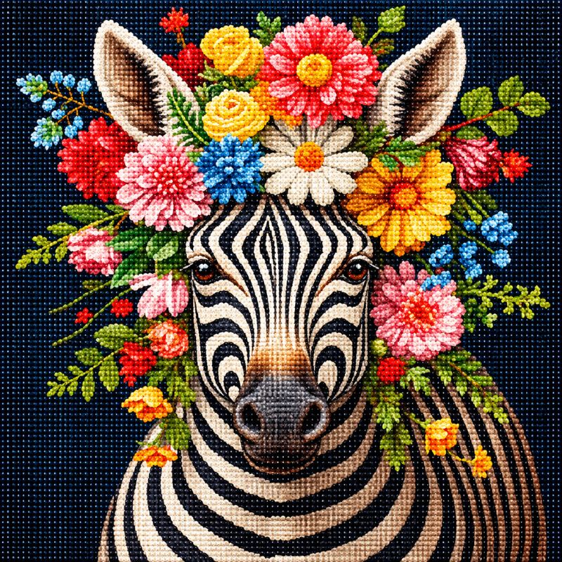 Detailed diamond painting of a zebra decorated with colorful flowers against a dark background zebra diamond painting, animal diamond art, floral zebra artwork