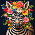 Detailed diamond painting of a zebra decorated with colorful flowers against a dark background zebra diamond painting, animal diamond art, floral zebra artwork