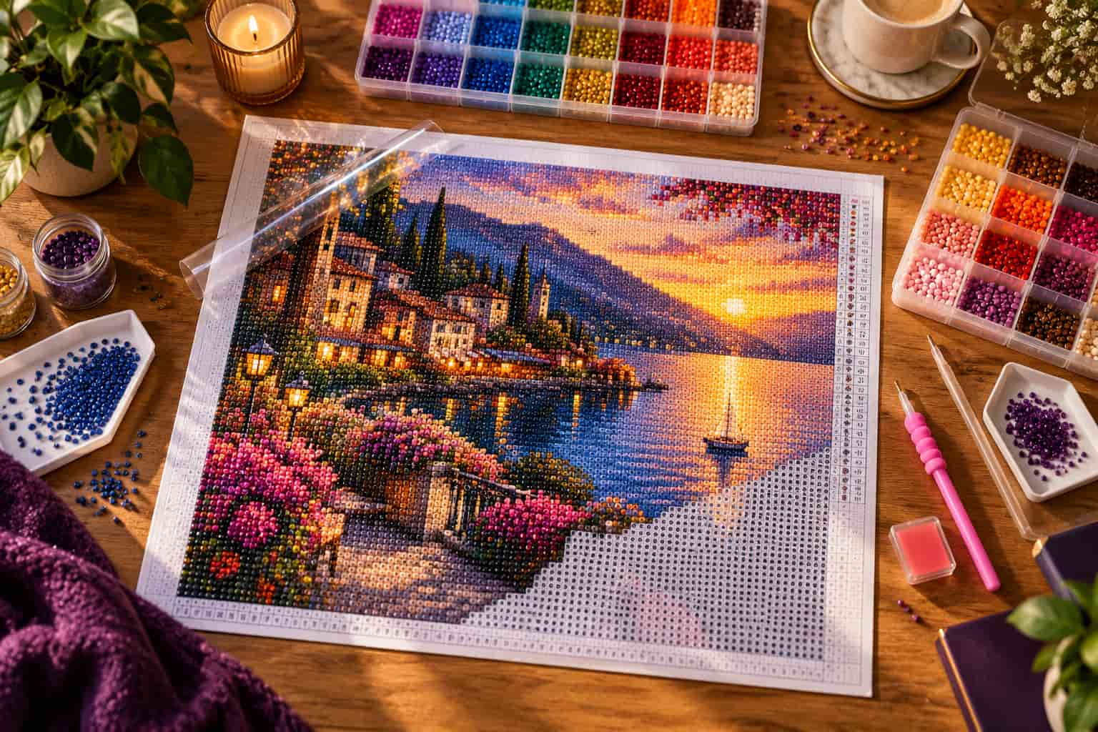 A neat, beginner-friendly diamond painting workspace with a partially finished canvas and organized diamond dotz.