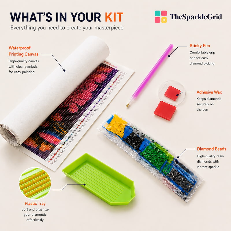 Everything inside a TheSparkleGrid diamond painting kit
