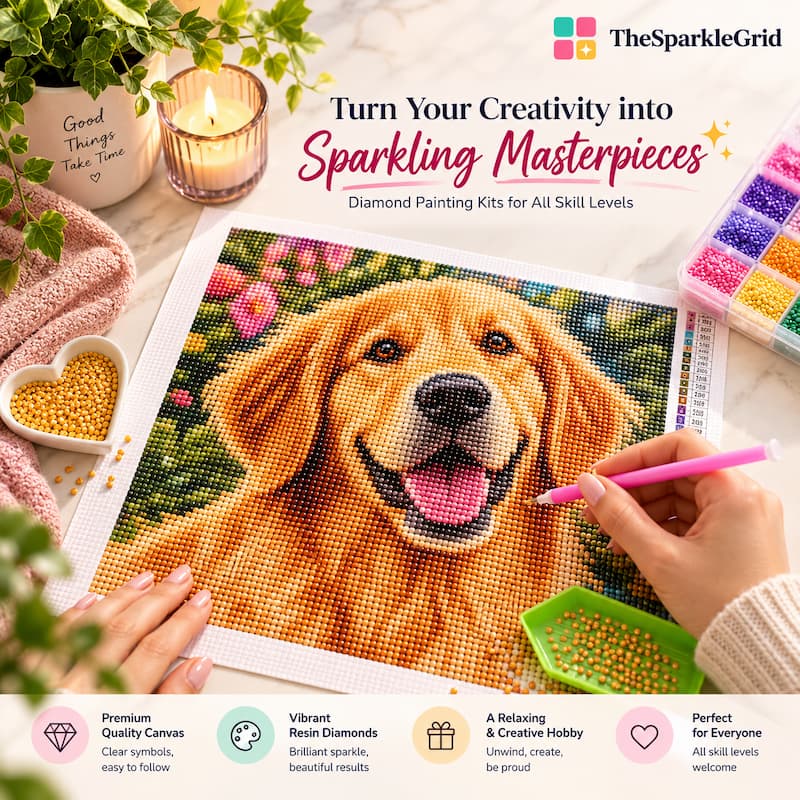 Woman working on a golden retriever 5D diamond painting kit using a sticky pen and sorting tray - TheSparkleGrid premium quality canvas