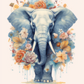 Beautiful elephant floral paint by number artwork featuring a blue elephant surrounded by colorful watercolor flowers