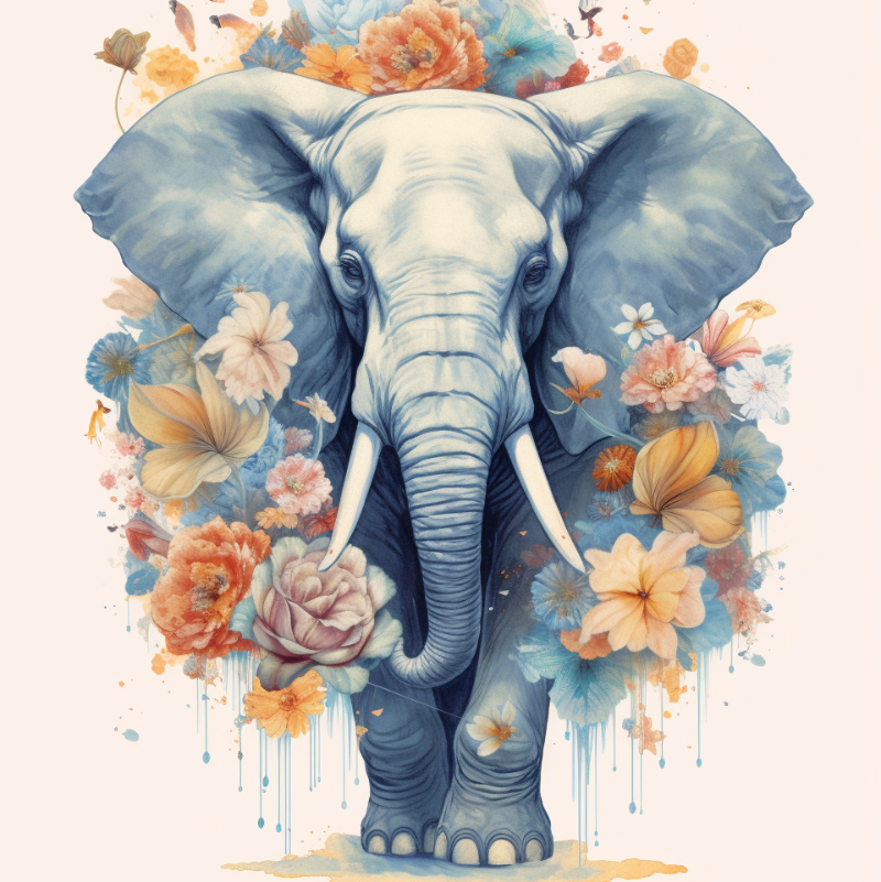 Beautiful elephant floral paint by number artwork featuring a blue elephant surrounded by colorful watercolor flowers