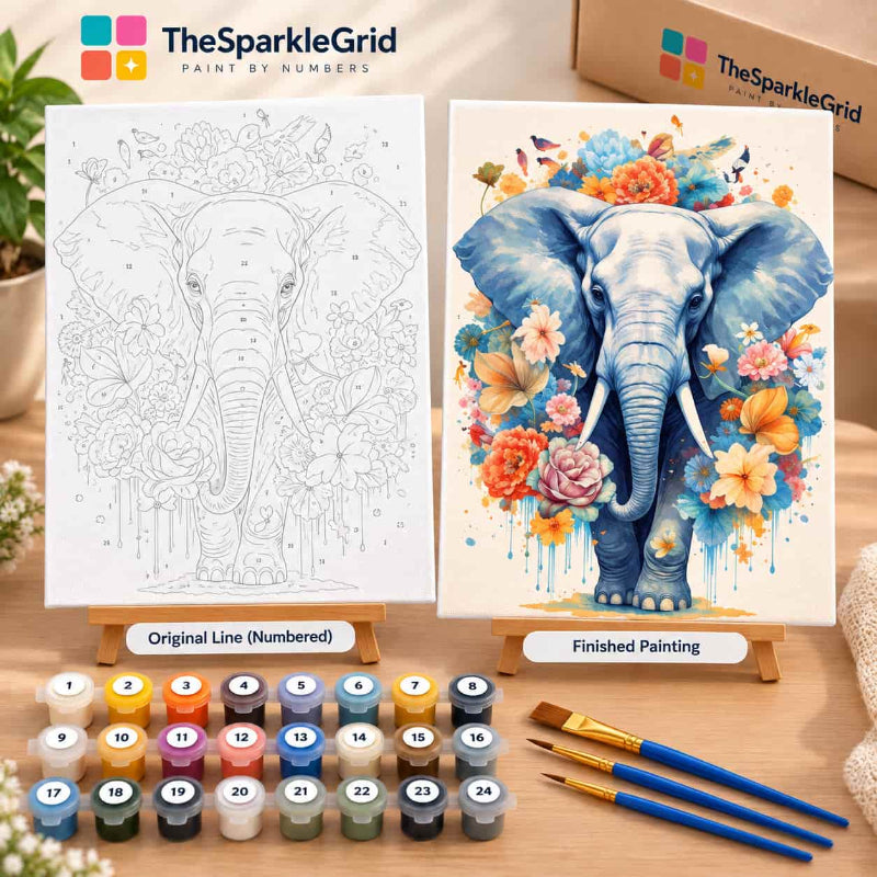 TheSparkleGrid elephant floral paint by number kit with numbered canvas, finished elephant painting, acrylic paint pots, and brushes